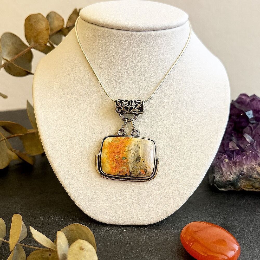 Artisan Multicolor Bumblebee Jasper Filigree Pendant Necklace Sterling Silver